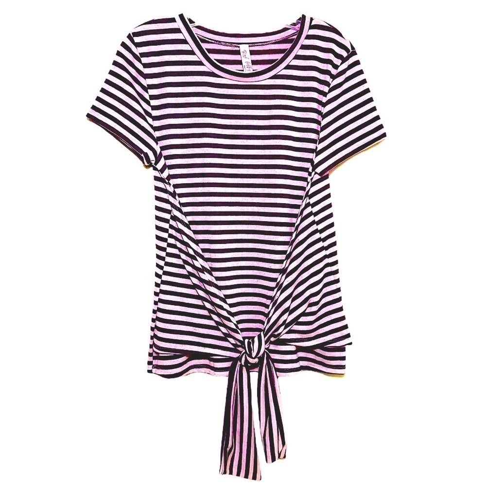 RED LOLLY Purple Short Sleeve Stripe Tie Waist Top